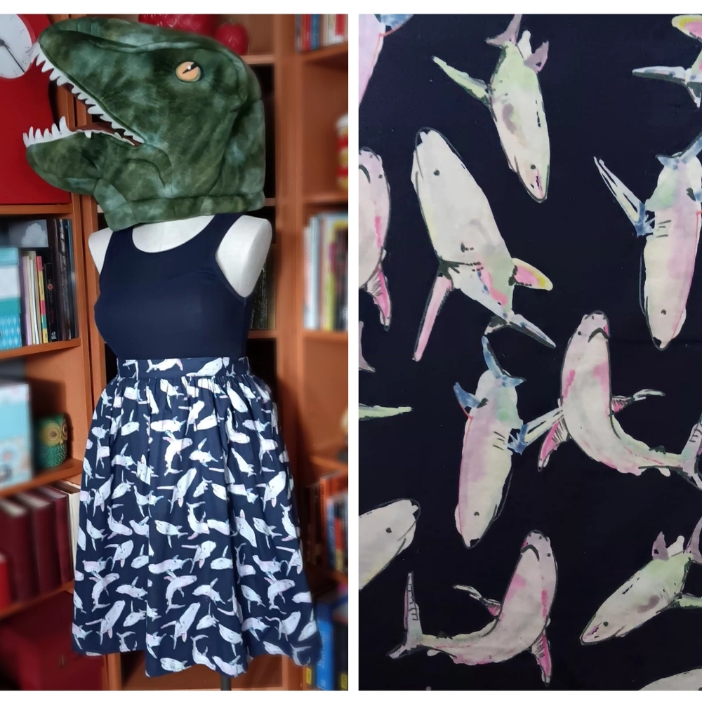 Modcloth Blue Watercolor Shark Print Cotton A-line Skirt with Pockets